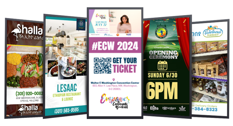 Five indoor digital billboard screens fanned out showing local restaurant, event and market ads