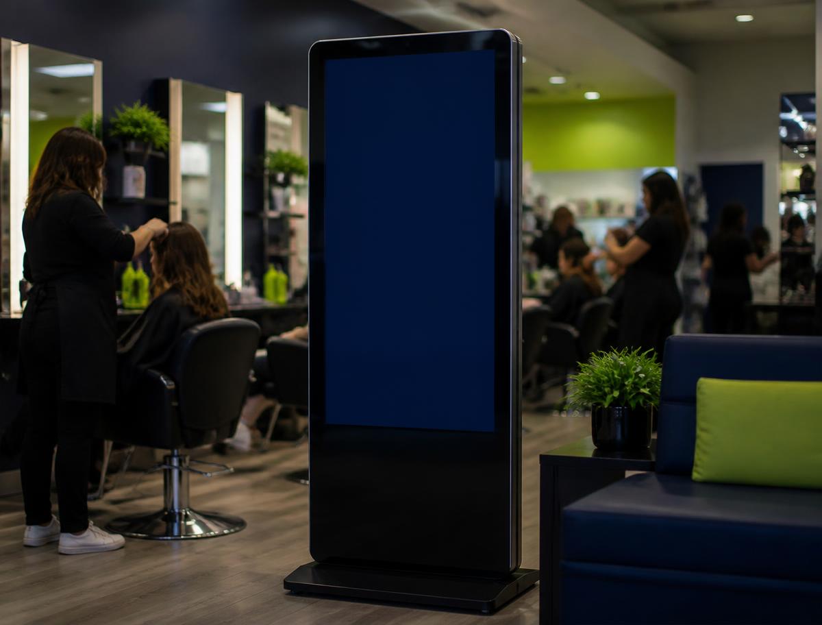 Digital advertising screen installed inside a modern cafe
